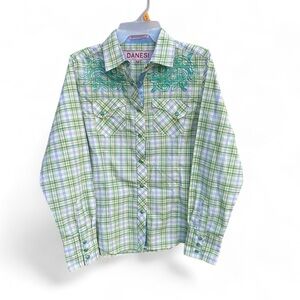 Danesi western cowgirl plaid lime green button up shirt long sleeve women’s M
